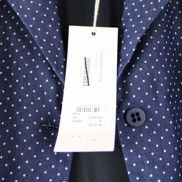 Annie 50 Cotton Dress Button Down Fit and Flare XS Navy Blue White Polka Dot D93 - Picture 8 of 12